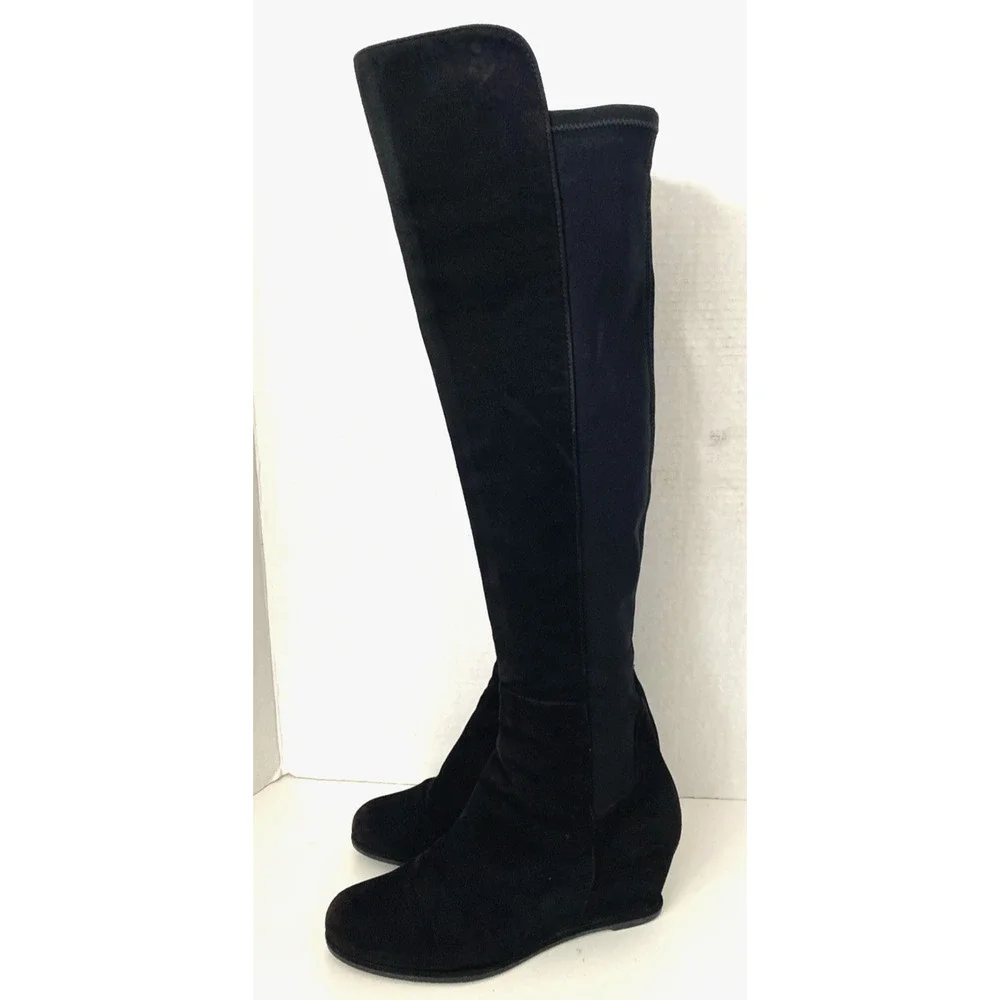 Stuart Weitzman Semi Boot Tall Stretch Back Suede Wedge Round Black OTK 5